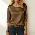 thumbnail image 4 of idosla Womens Silk Satin Shirts 3/4 Length Sleeve Crewneck Lightweight Going Out Tops Loose Casual Blouses Business Outfits (Coffee, L), 4 of 9