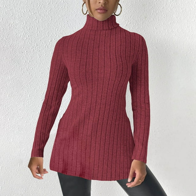 Chandail Col Roulé à la Mode pour Femmes Taille Fine Fente Inférieure Manches Longues Chandail Col Roulé Manches Longues