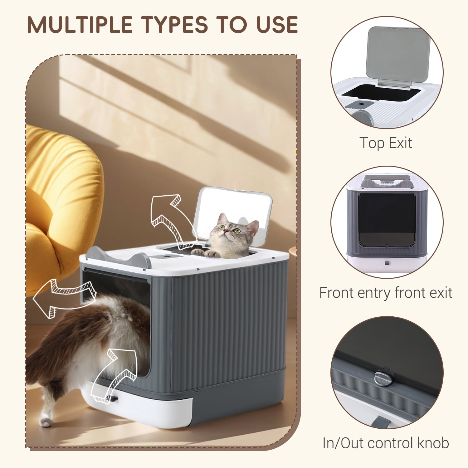 LCZLBRRD Foldable Cat Litter Box for Kitten to Adult Cat, Fully Enclosed with Scoop, White & Grey, 2 Pack