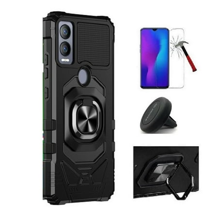 Phone Case for Cricket Magic 5G/AT&T Propel 5G, Ring Stand Hybrid Case Cover + Air Vent Magnetic Car Mount/Tempered Glass (Black)