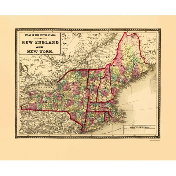 Historic State Map - New York New England - Lloyd 1873 - Vintage Wall Art