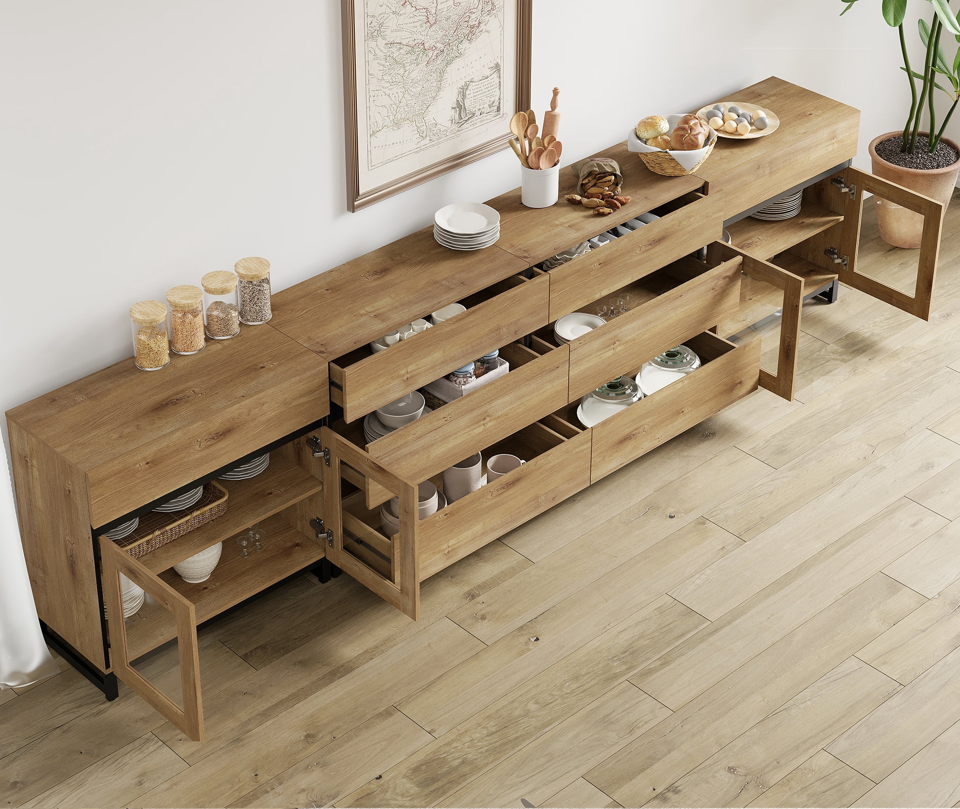 4-In-1 Storage Sideboard with Glass Doors, 8 Drawers and Adjustable Shelf, Sturdy Metal Base Buffet Cabinet for Kitchen Living Room,Oak