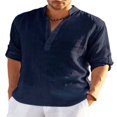 thumbnail image 1 of CHOK Men Roll Tab 3/4 Sleeve Shirt Summer Button Collar Cotton Linen Blouse, 1 of 2