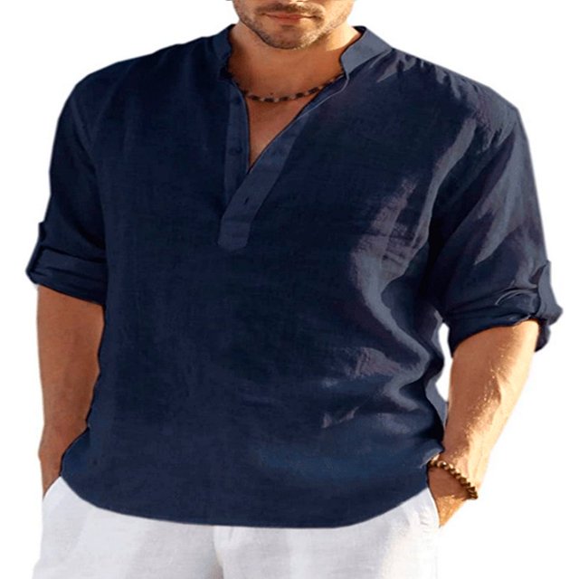 CHOK Men Roll Tab 3/4 Sleeve Shirt Summer Button Collar Cotton Linen Blouse