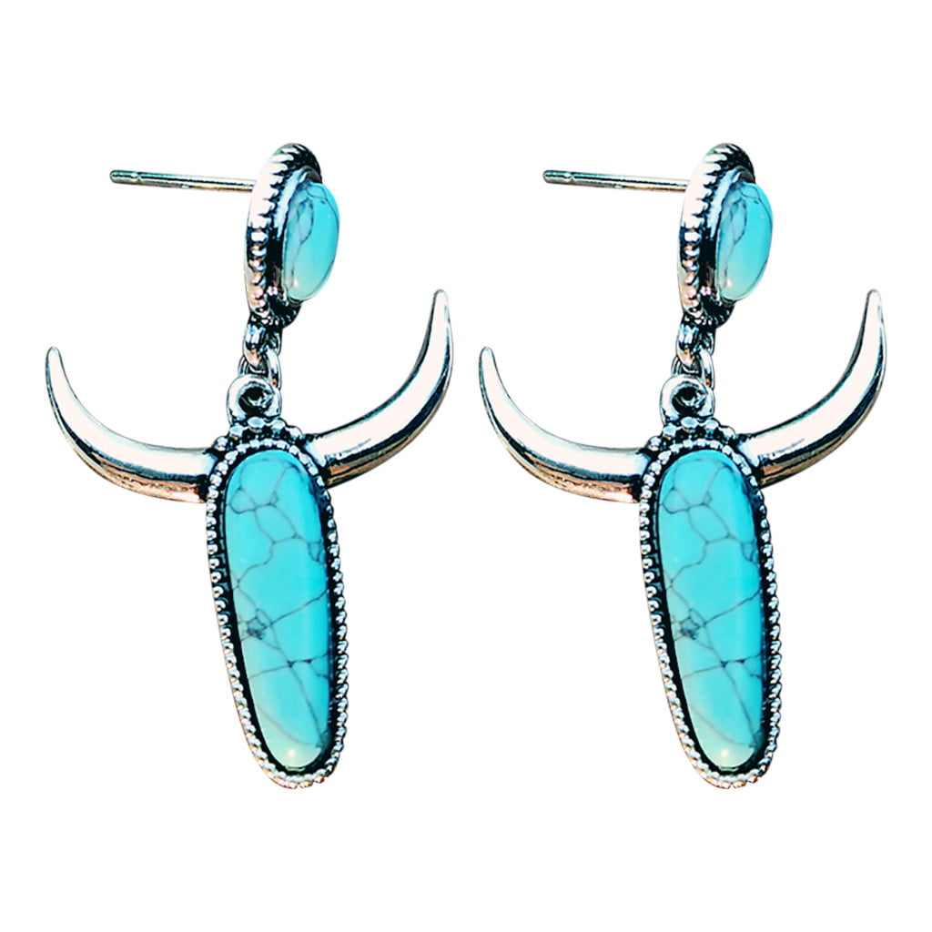 Art Deco Earrings Blue Turquoise Stone Silver Drop Clip Hook Vintage Style Gift 