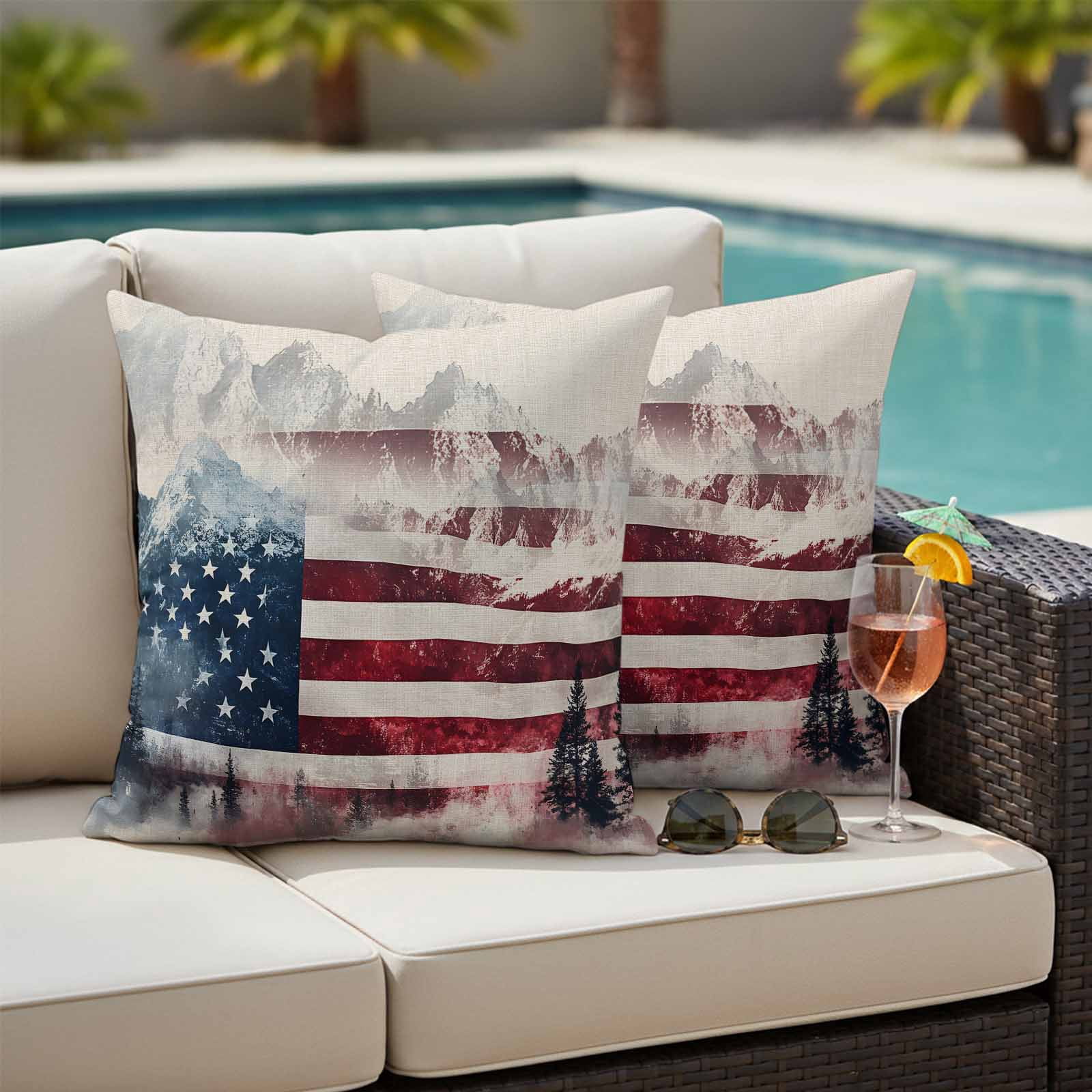 4th of July Outdoor Waterproof Pillow Covers, Forest Independence Day USA Flag Decorative Square Throw Pillowcase Sofa Cushion Sham for Patio/Couch/Chair, 18"x18" 2 Pack