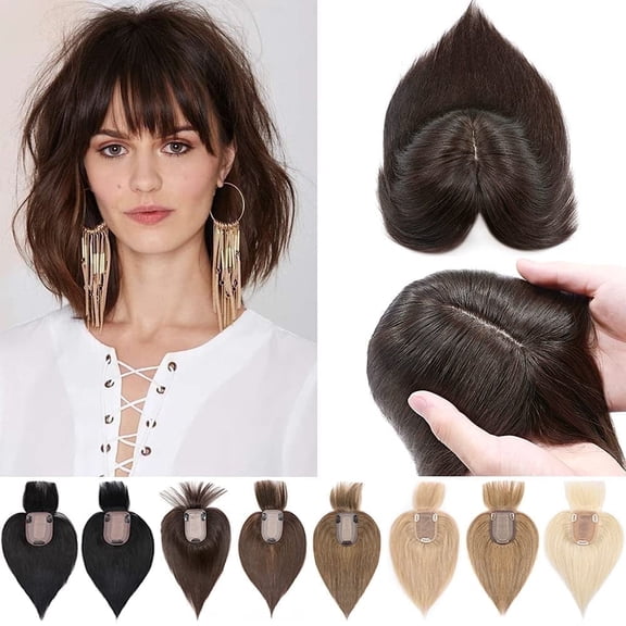 Loveternal 100% Real Human Hair Toppers with Bangs for Woman 16inch( Dark Brown)