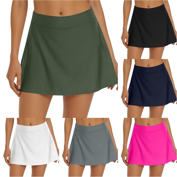 FINALGANG Womens High Waist Solid Color A Line Swim Skort Flare Swim Skirt Built In Inner Shorts Summer Swimwear For Beach Daily Wear Cozy Swimwear M