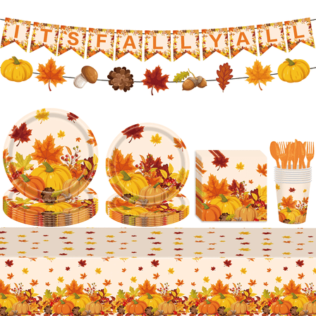 Fall Decorations Tableware Set Serve for 24 Guests, Thanksgiving Disposable Dinnerware Includes Plates, Napkin, Cup, Knife, Fork, Spoon, Straw, Banners, Tablecloth for Autumn Harvest Party Decor