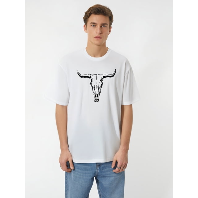 Camiseta informal de cuello redondo para hombre con estampado de calavera de oveja, ligeramente elástica, corte regular, top de verano de moda para deportes y ocio.
