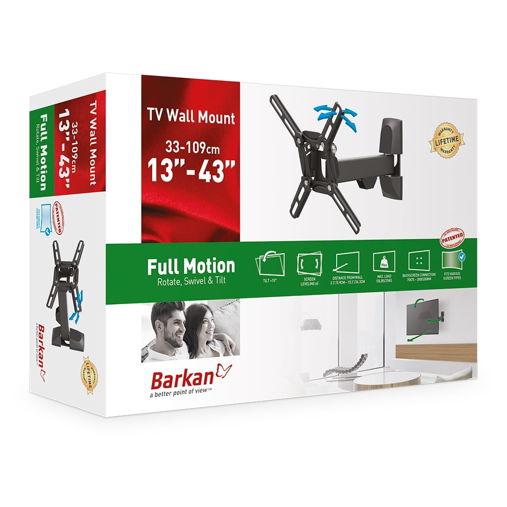 Barkan TV Wall Mount, 13 - 43 inch Full Motion Patented Flat / Curved Screen Bracket, Holds up to 55lbs, Fits LED OLED LCD