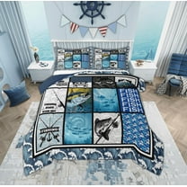 Manfei Hunting and Fishing Bedding Comforter Set for Kids, Rustic Pink Fish Twin Comforter Sets, Blue Patchwork Plaid Reversible Bedding Set, Luxury Bedroom Decor, 2 Pieces