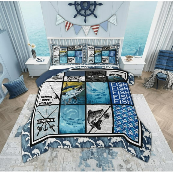 Manfei Hunting and Fishing Bedding Comforter Set for Kids, Rustic Pink Fish Twin Comforter Sets, Blue Patchwork Plaid Reversible Bedding Set, Luxury Bedroom Decor, 2 Pieces