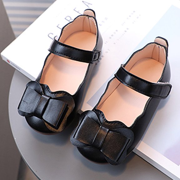 LIIPEE Girls Dress Shoes Solid Color Bow Decoration Soft Sole Flat Bottom Princess Shoes Children Hook And Loop Elegant Comfortable Breathable Footwear,4-4.5 Years
