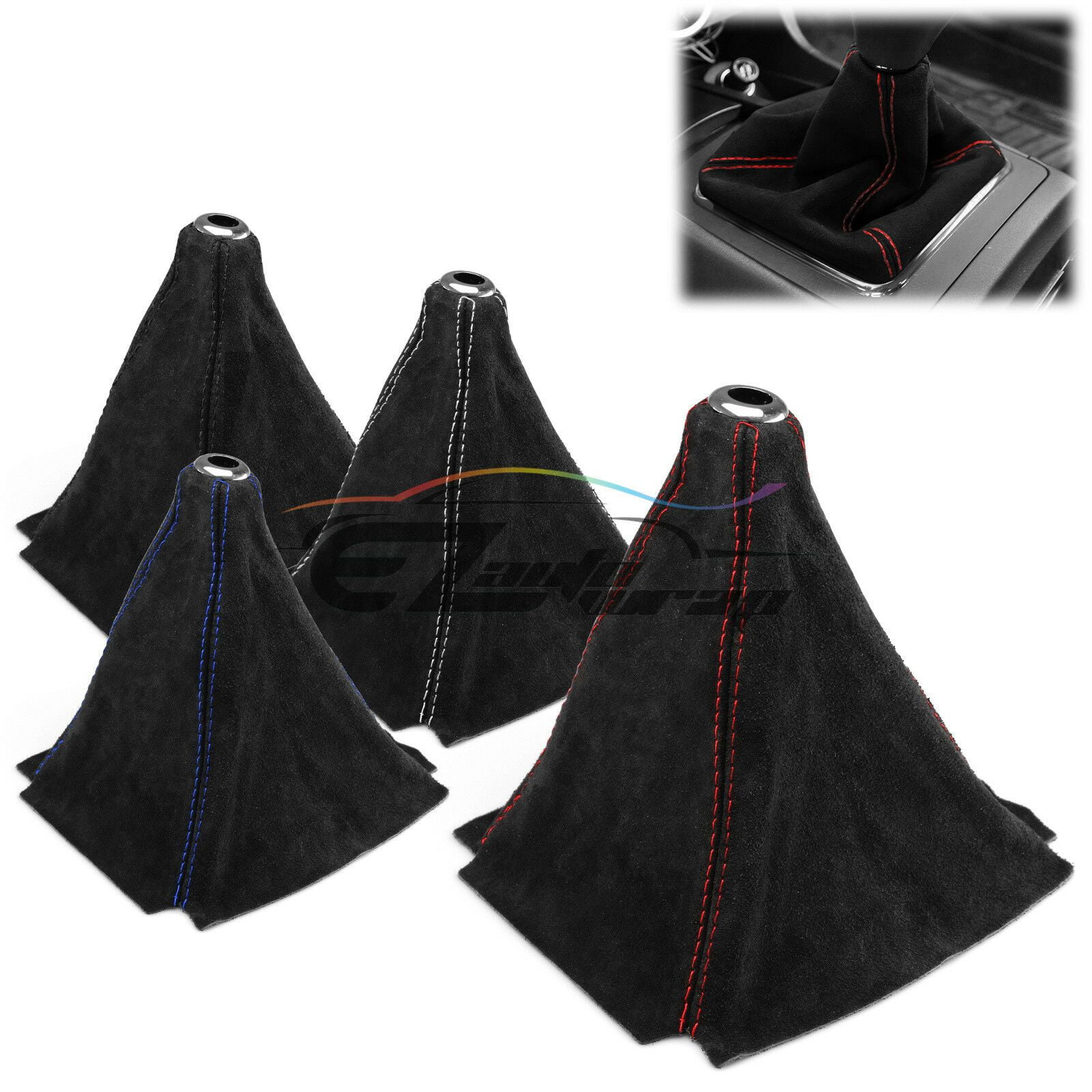 Universal Real Alcantara Shift Knob Shifter Boot Cover Black With White Stitches Genuine Leather MT AT Sport 