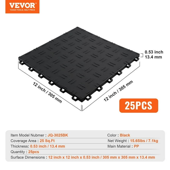 Interlocking Garage Floor Tiles 12 x 12 x 0.53 Inch, 25-Pack Non-Slip Double-Sided Texture Tiles, Durable Flooring for Garages, Basements, Workshops – Black