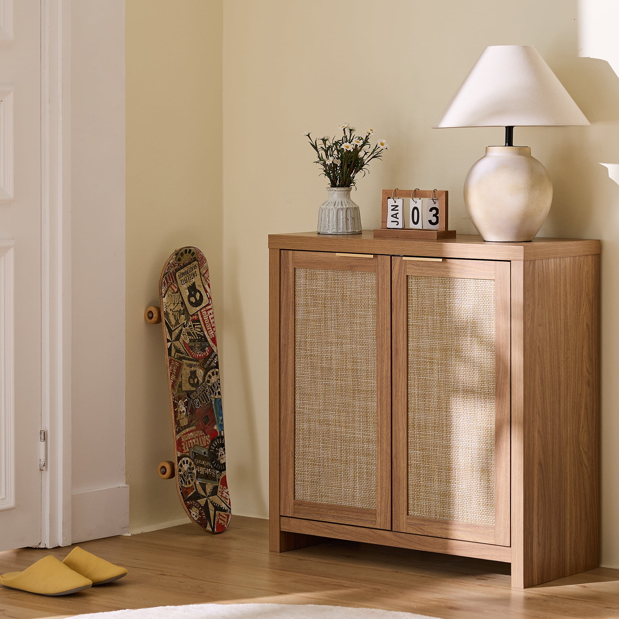 ARKANTOS Sideboard Buffet Cabinet with Large Storage, Boho Rattan Coffee Bar Cabinets with Adjustable Shelves, Buffet Console Table for Kitchen Living Room Hallway, Oak