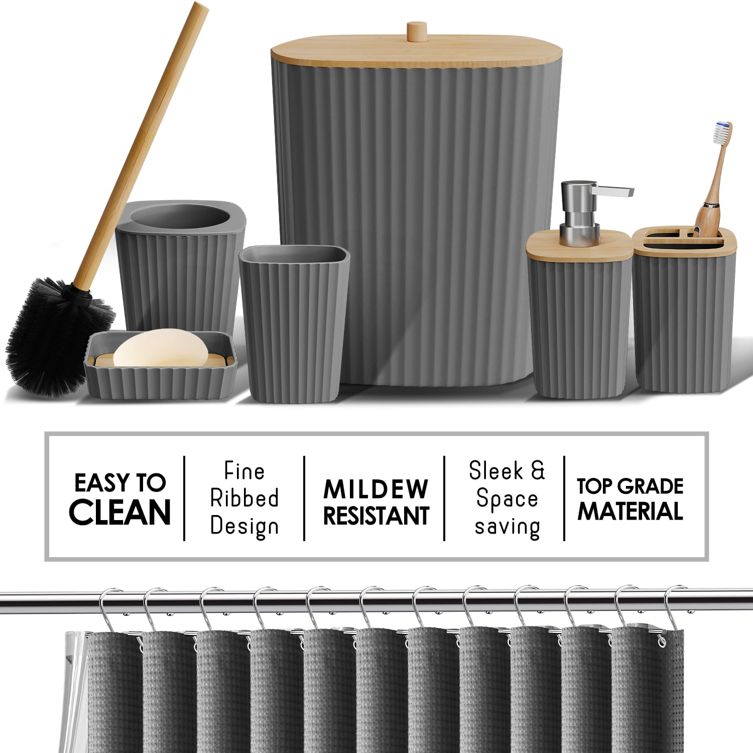 Virtu 20 Piece Bamboo Bathroom Sets, Gray Bathroom Accessories Sets for Minimalistic Bathroom Décor