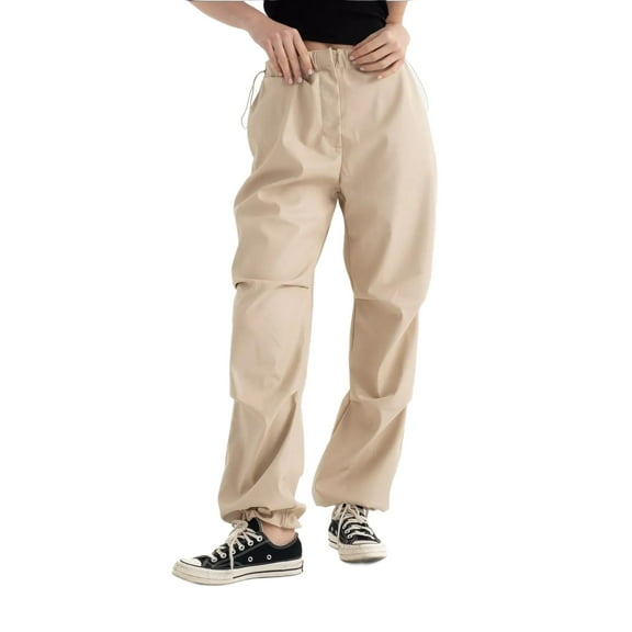 Faux Leather High Waist Drawstring Cargo Trousers