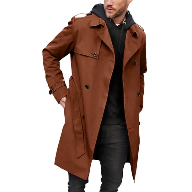 Yskkt Mens Trench Coat Slim Fit Long Double Breasted Notched Lapel Belted Windbreaker Jacket