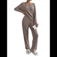 thumbnail image 3 of Conjunto de Pijama de Dos Piezas de Punto Acanalado para Mujer: Suéter de Larga y Pantalón . Caqui Oscuro XL, 3 of 8