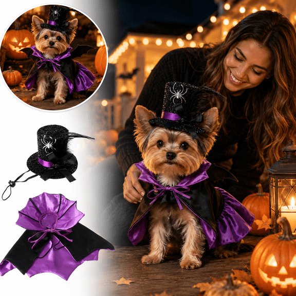 Halloween Pet Cloak and Witch Hat Set, Adjustable Soft Stretch Costume for Dogs and Cats, Party Photo Outfit Purple Neck 10.24 in