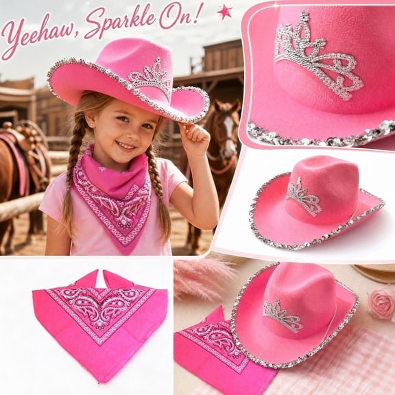 Sparkly Tiara Preppy Cowgirl Hat Western Cowboy Hats for Women Girls Bachelorette Birthday Disco Party Costume Set with Bandana Pink One Size