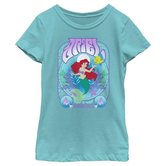 Girl's The Little Mermaid Ariel Flounder Poster Graphic Tee Tahiti Blue Large