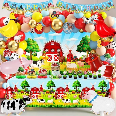 Farm Animal Theme Birthday Party Supplies Decorations Set | 107 Pcs, Includes Backdrop, Plastic Tablecloth, Banner, Cake Toppers, Foil Balloons, Honeycomb Centerpieces, Cardstock