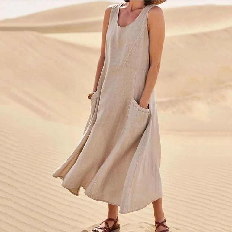 Plus Size Cotton Linen Dresses for Women Long Sundress Summer Casual Loose Solid Color Tank Dress with Pockets - Walmart.com Plus Size Cotton Linen Dresses for Women Long Sundress Summer Casual Loose Solid Color Tank Dress with Pockets - Walmart.com