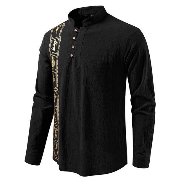 Blusa y camisa de manga larga con cuello alto para hombre, informal, a la moda, con botones estampados, de poliéster