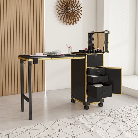 AENKYO All-in-One Portable Nail Table w/ LED Mirror Bluetooth Speaker | Salon & Home Manicure Station Black with Gold