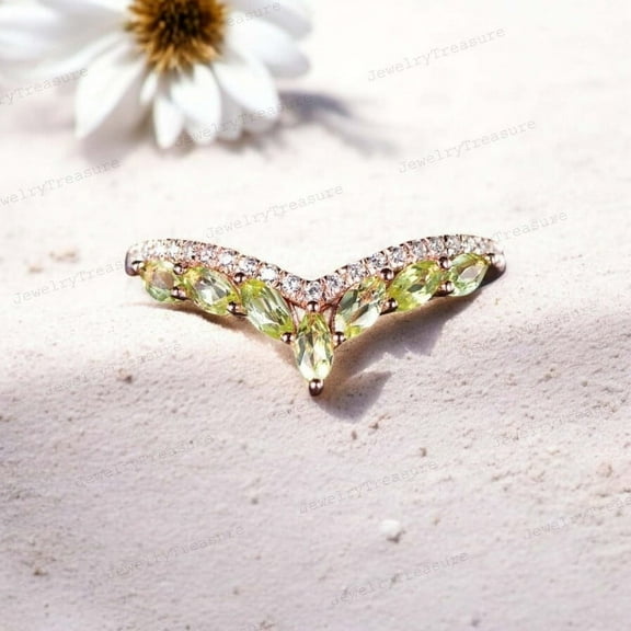 JEWELRYTREASURE 4x2 mm Marquise Cut Peridot Band V Shape Wedding Band CZ Diamond Curved Band Matching Stacking Jewelry August Birthstone Ring Gift for Women