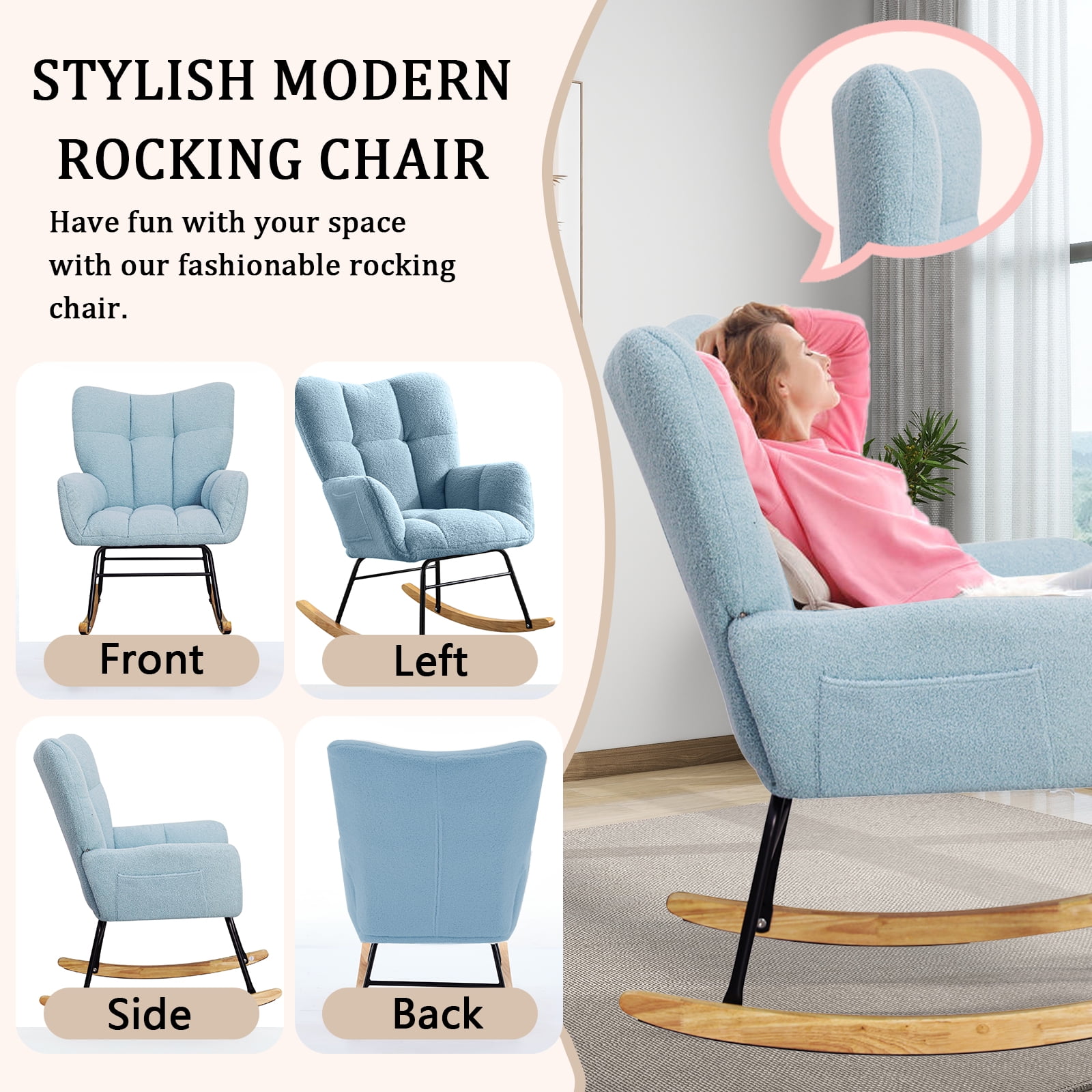 SENCHO GINSYTALIOR Nursery Rocking Chair Teddy Upholstered Glider Rocker,Rocking Accent Chair Padded Seat with High Backrest ,Solid Wood Legs for Nursery Bedroom Living Room(Blue）