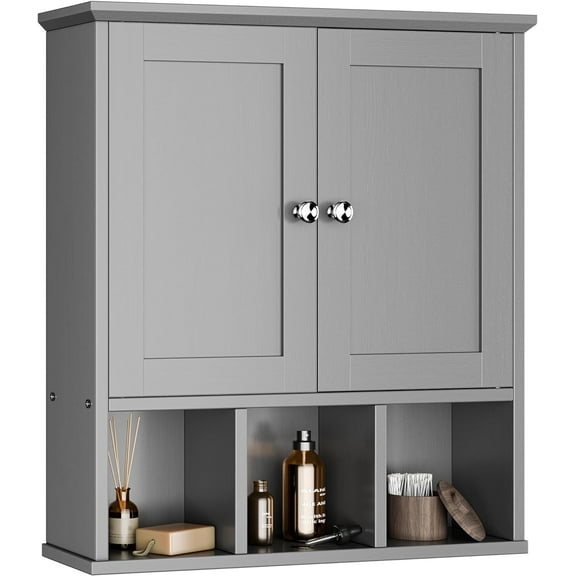 Meilocar Bathroom Wall Cabinet, Bathroom Cabinet Wall Mount with 2 Doors and 3 Open Shelves, Over The Toilet Wood Medicine Cabinets for Laundry Room, Grey