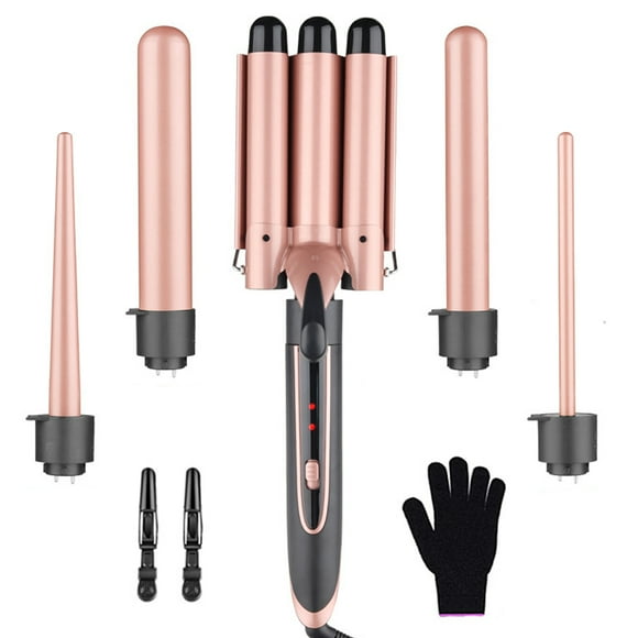 3 Barrel Beach Waver Curling Iron - 5 in 1 Curling Wand Set with Hair Crimper for Women - Fast Heating Wand Curler in All Hair Type