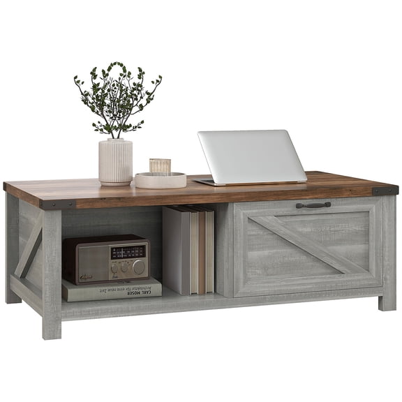 Farmhouse Coffee Table with Storage and Drawer, Distressed Gray