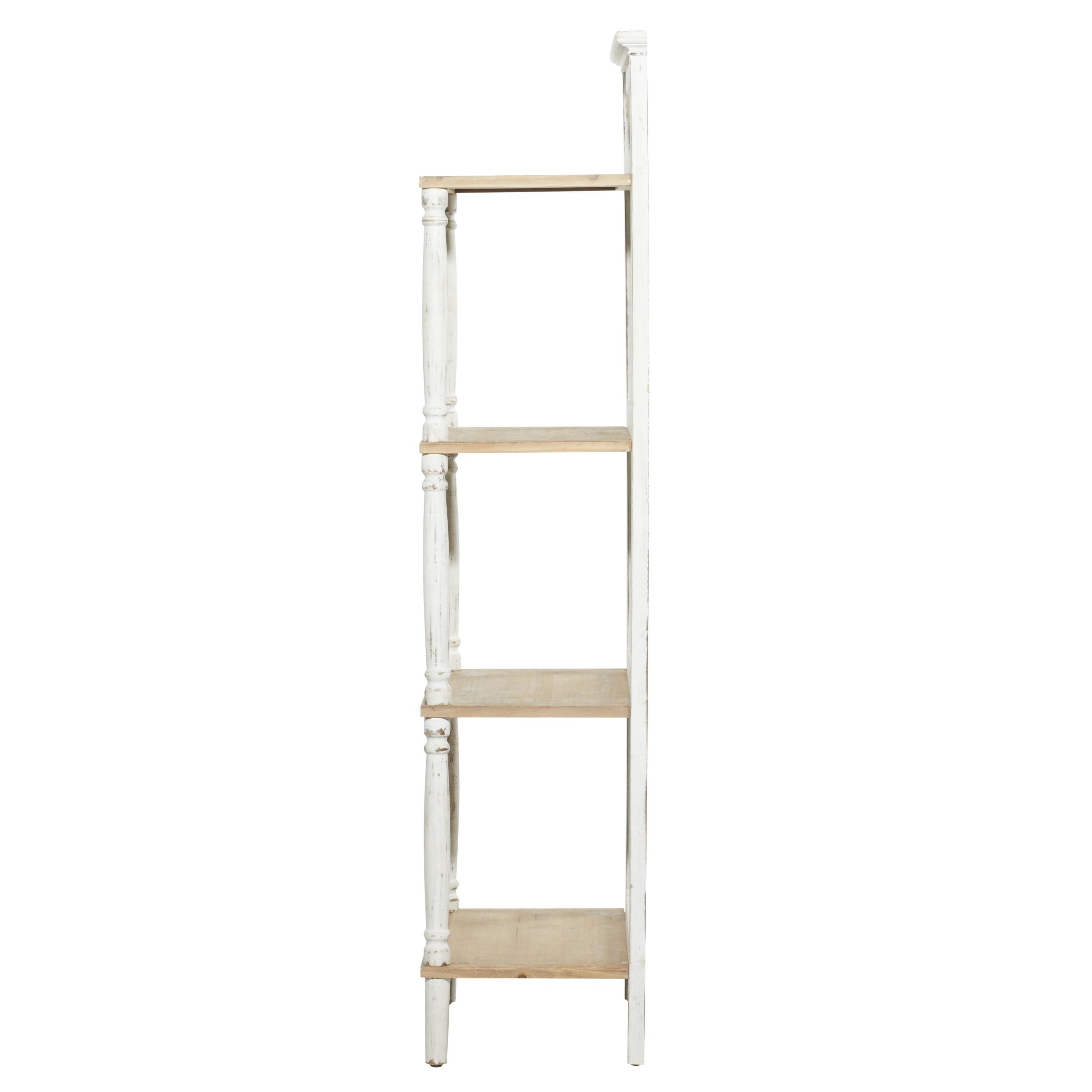 DecMode 22" x 57" White Wood Scroll 4-Tier Shelving Unit with Brown Shelves and Turned Frame, 1-Piece