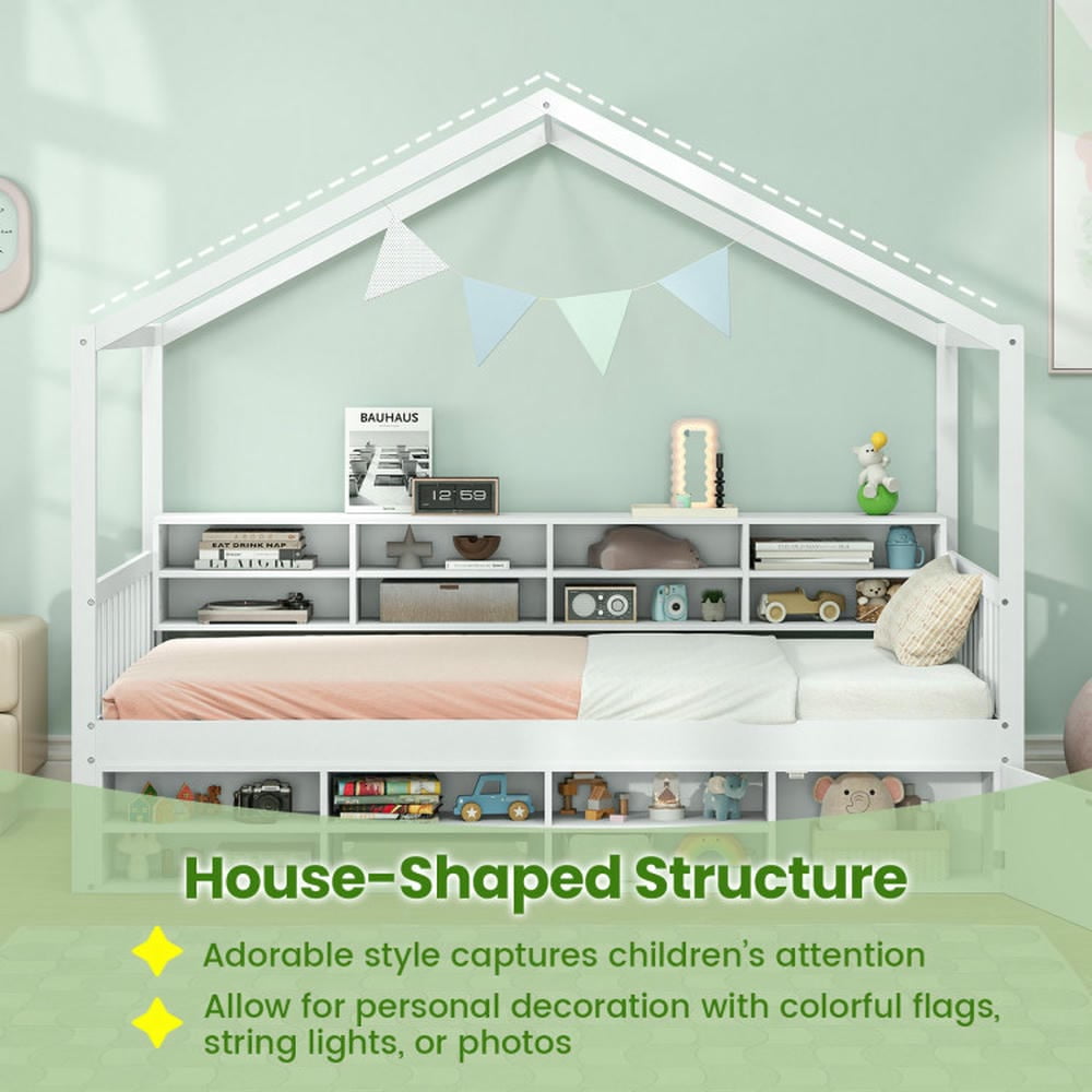 Kepooman Bed Frame, Bed Frame Mattress Foundation,Twin Size House Bed with Roof with 14 Storage Cubes and Enclosed Cabinet-White