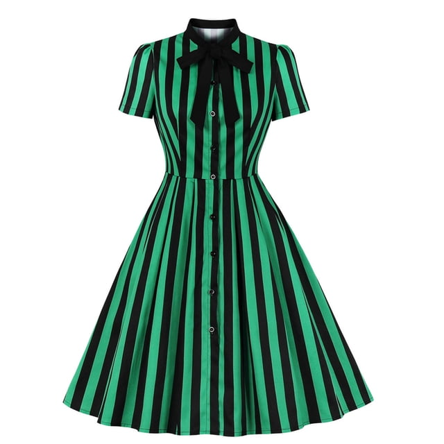 Femmes Rétro1950 Manches Courtes Robe Rayée Noeud Papillon Vintage Cocktail Retour une Ligne Swing Midi Robe