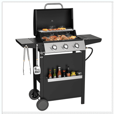 3 Burner BBQ Propane Gas Grill with Spice Rack, Stainless Steel Patio Garden Barbecue Grill with Two Side Shelves,36,000 BTU Outdoor Barbecue Cooking with Top Cover Lid, Wheels,Black