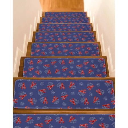 Navy Blue Coastal Stair Treads for Wooden Steps Indoor Runner Rug Carpet Red Lobster Nautical Ocean 4 Pieces Peel and Stick Staircase Step Treads Covers Washable Throw Door Mats 30 x8