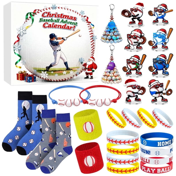 Decoraciones navideñas, adornos navideños, regalos de Navidad, set de regalo de cuenta regresiva navideña para jóvenes entusiastas del béisbol, cajas navideñas