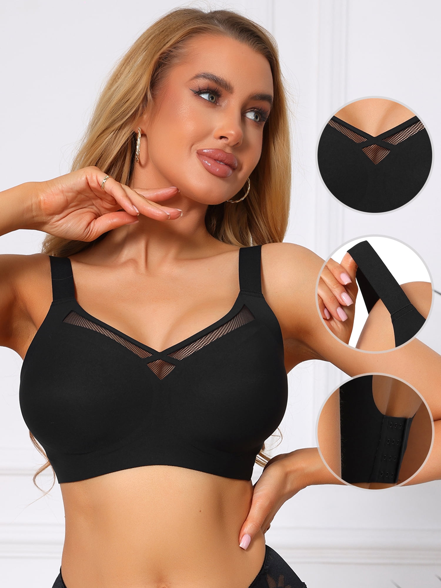 DARING DIVA Women's V-Neck Mesh Full Coverage Wireless Soft Cup Minimizer 3XL Black