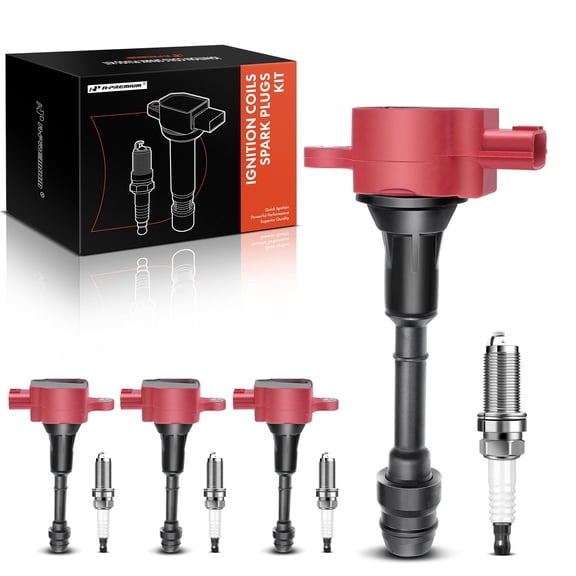 A-Premium Set of 4 (Red) Ignition Coil Pack and Iridium Spark Plugs Compatible with Nissan Altima Sentra 2002-2006, X-Trail 2005-2006 L4 2.5L