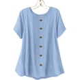 thumbnail image 5 of QIUOMBBP Peplum Shirts for Women Linen Short Sleeve Crew Neck Button Down Tunic Tops Loose Lightweight Summer Casual Tshirts Blue XL, 5 of 10