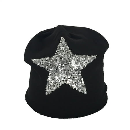 Stars Black Beanie - Fashion Culture Geebro Women's Sequin Star Slouchy Beanie Hat, Black