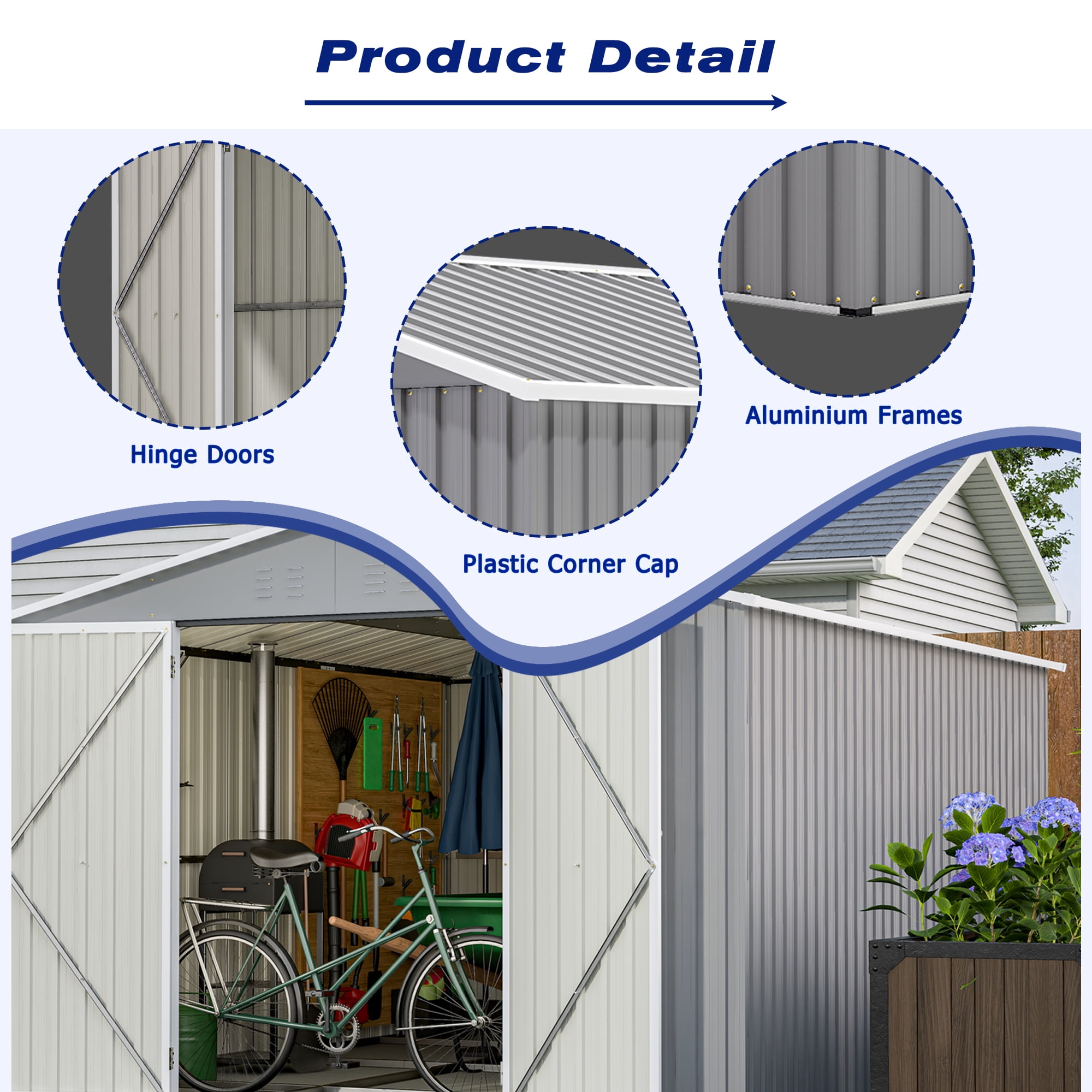 8' x 12' Outdoor Storage Shed with Floor Frame, Metal Garden Tool Shed for Backyard Patio Lawn, Securable Double Doors, Weather-Resistant, Grey