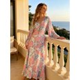 thumbnail image 5 of Women's Boho Floral Print Maxi Dress Long Sleeve V Neck Side Lace Up Bell Sleeve Vacation Swing Dress, 5 of 7