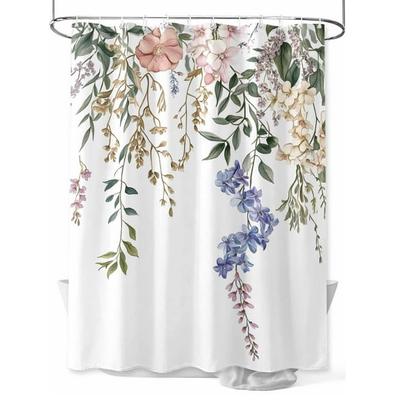 Fsddascl Rustic Floral Leaves Shower Curtain Set - Small 36" x 72" Washable Bathtub Curtain with 12 Hooks, Spring Watercolor Flowers Waterproof Fabric Stall Shower Curtains for Bathroom/Bathtub